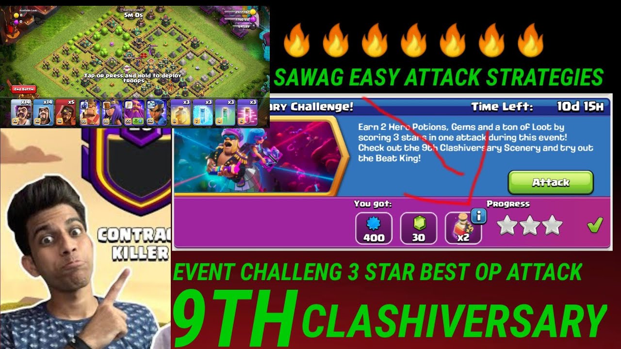 Easily 3 star the 9th clashiversary chaleng (clash of clans)