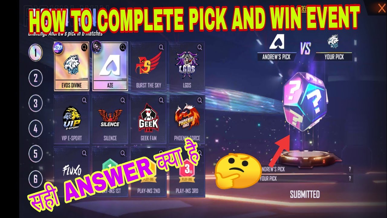Free fire new pick and win event details . All correct  answers