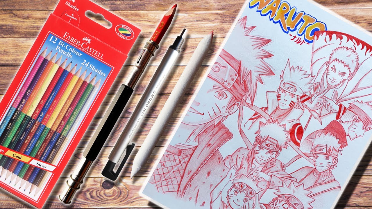 Drawing Naruto Uzumaki (All Form) // Single Red Faber Castell pencil color.