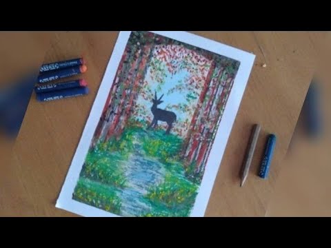 easy drawing land escape step by step for beginners oil pastel رسم منظر طبيعي للمبتدئين الوان الشمع