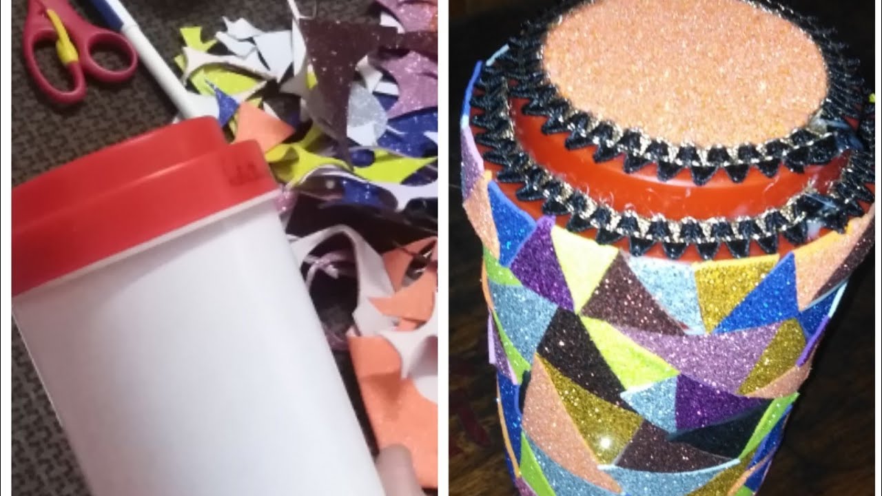 glitter sheet craft. how to decorate plastic jar. #home decor ideas #cratfvideoinurduhindi2021